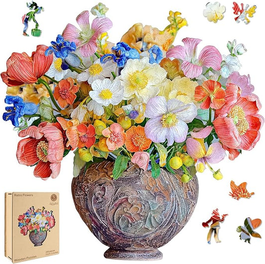 Flower Wooden Puzzles for Adults, 200 Pieces Vase Jigsaw Puzzles, Unique Shaped Medium Size Liberty Wood Puzzle Birthday Gifts for Mom Adults and Kids, Family Game 11'' x 11.3''