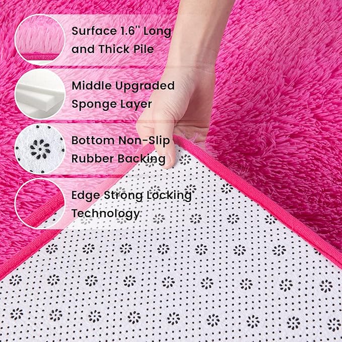 Ompaa Fluffy Runner Rugs, 2x6 Feet Hot Pink, Super Soft Shaggy Carpet Fuzzy Long Fur Rug for Bedroom Living Room Dorm, Plush Kids Playroom Baby Girls Nursery Decor Mats