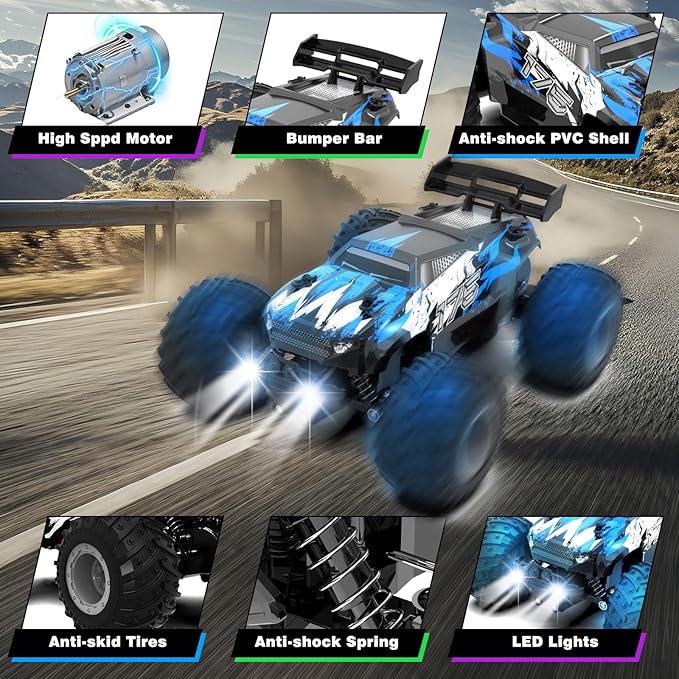 Sjpzwcrl Rechargeable Remote Control Car Toys: - Hand Controlled Monster Truck for Boy Electric Rock Crawler Toys with Colorful RC Car Body Lights and Headlights Birthday Gift for Kids