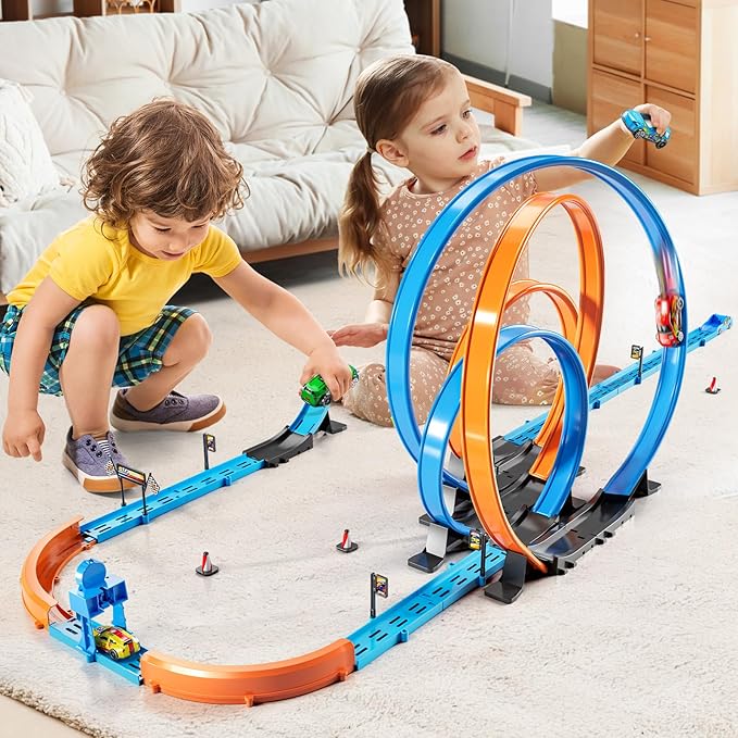 Car Race Track Sets for Kids 3 4 5 6 7 8 9 Years Old - Toy Car Track Set for Boys 3-5 6-8 8-12, Racing Game with 4 Small Cars, Boys Toy, Gifts for Boys Girls 3-8