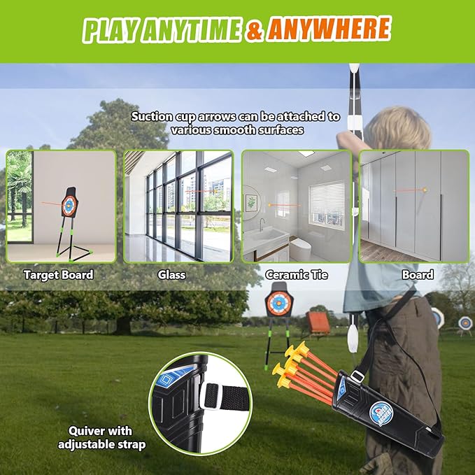 2 Pack Kids Bow And Arrow Set, with LED Light Up Archery, 20 Suction Cup Arrows, 2 Quiver, 1 Standing Target, 2 Soft Dart Guns&50 Soft Darts, Indoor Outdoor Birthday Gifts Toys for Boy Girl Ages 4-12