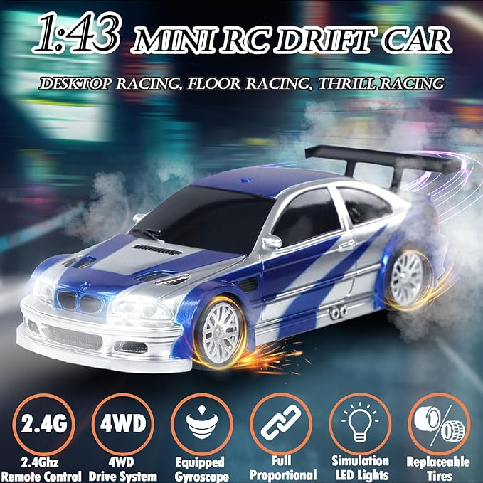 1/43 Mini RC Drift Car with Gyroscope, 2.4GHz Full Proportional High Speed Remote Control Car, RTR 4WD Fast RC Cars with LED Lights Racing Tires, Hobby RC Cars Toy Model Gift for Adults, Kids, Boys