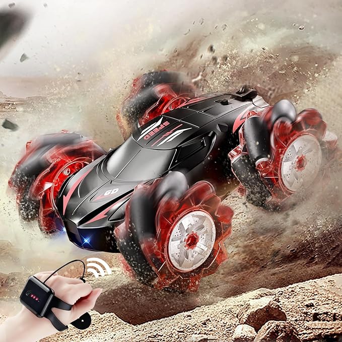 RC Stunt Car, 2.4GHz 4WD Gesture Sensing Remote Control Car with Cool Light and Music, Double-Sided 360° Flips RC Cars for Boys Age 6-12 8-12 Birthday Christmas Toy Cars(Red)