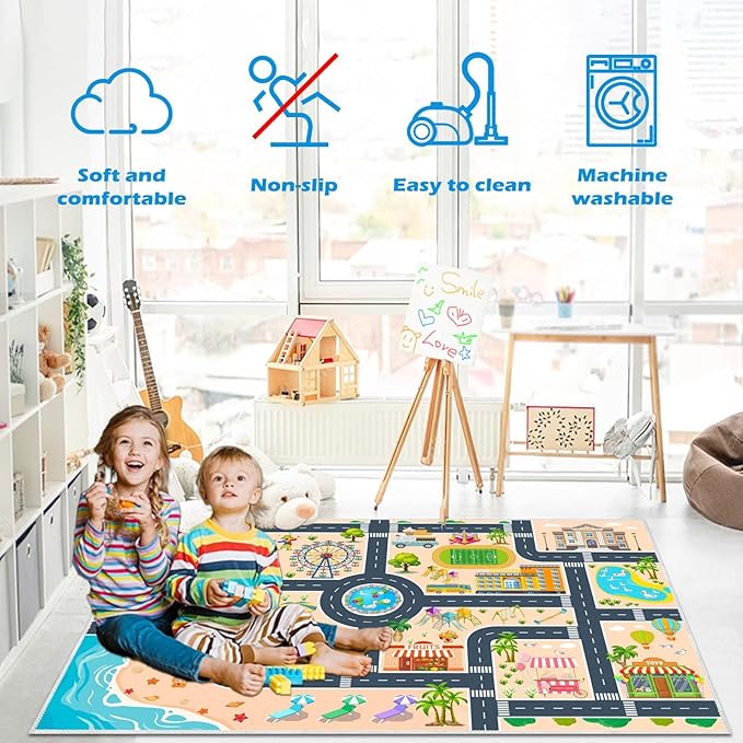 Kids Carpet Playmat Car Rug, Car Rug for Kids Toy Cars and Train, Non Slip Play Mat for Playroom Kids Room, City Life Educational Road Traffic Carpet for Classroom Nursery(Yellow,47×71in)