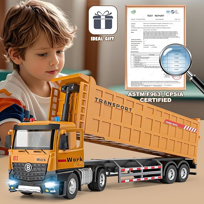 Dump Truck Toy for 3 4 5 6 7 Years Old Boys, Large Semi Truck with Metal Cab, Lights and Sounds, Friction Powered Tractor Trailer Car, Kids Birthday Gifts for Over 3 Years Old Boys Kids 16.5"