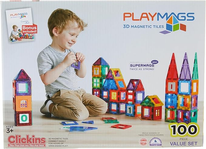 Playmags 100-Piece Magnetic Tiles Building Blocks Set, 3D Magnet Tiles for Kids Boys Girls, Educational STEM Toys for Toddlers…