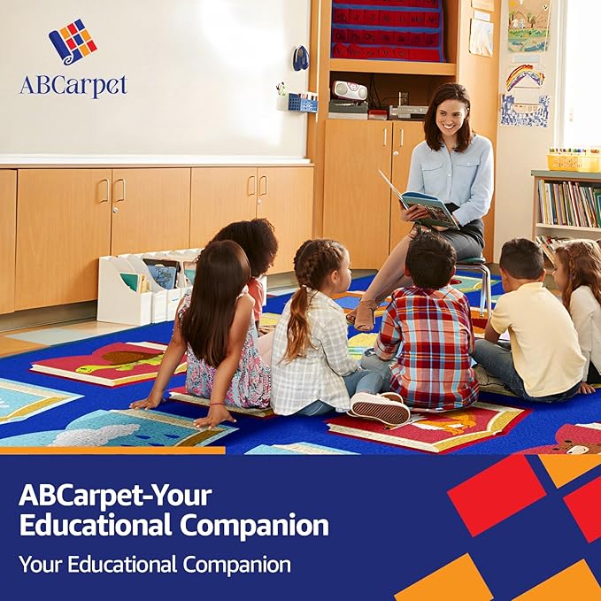 Educational Classroom Rug 7'5"x13' Blue Carpet with 24 Seats Reading Books Kids Playmat Non Slip Seating Rug for Elementary, Preschool, Nursery, Kids Room