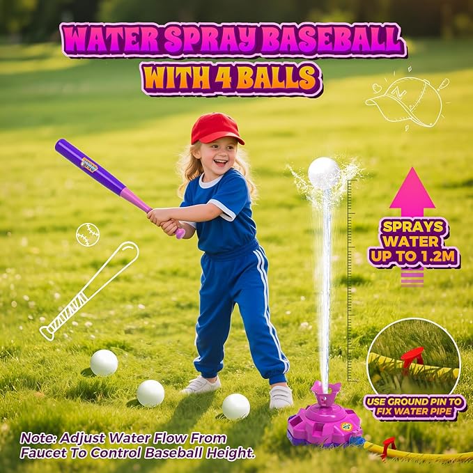 4-in-1 Water Sprinkler Baseball Toy for Kids, Outdoor Water Rocket Sprinkler Launch Toys for Yard, 4 Baseballs & Rocket Launcher Outside Lawn Pool Summer Game Gifts for Boys Girls Ages 3-8 8-12 (Pink)