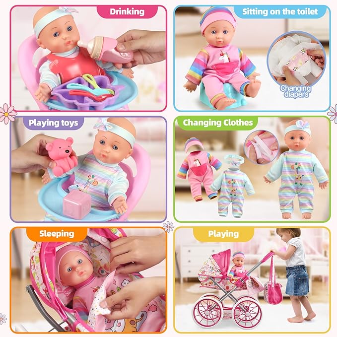 Baby Doll Stroller Toys Set with 12.5" Baby Doll,Dining Chair,Quilt Pillow,24 PCS Baby Doll Accessories and 2 Sets Doll Clothes,Baby Stroller Toys for Girls Toddlers 3-5 4-6 5-7 Gifts for Pretend Play