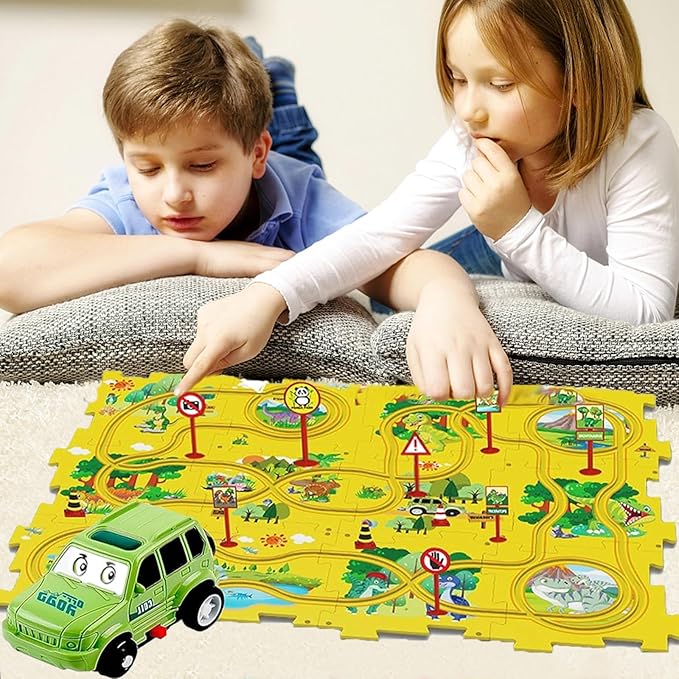 25PCS Puzzle Racer Kids Car Track Set, Dinosaur Jigsaw Puzzle Racer Car Track Set Puzzle Track Car Play Set Preschool Gifts for Kids Christmas Birthday Gift for Boys Girls