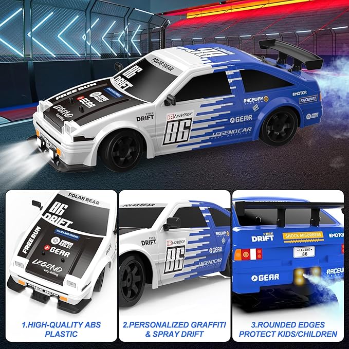 RC Drift Car Remote Control Toy Rally Sport Car 1:16 4WD 18KM/H High Speed Model Vehicle 2.4GHz 2 * 7.4V 500mAh with LED Lights Spray Rubber Tire Off-Road Vehicle Truck Hobby Toys Adults & Kids