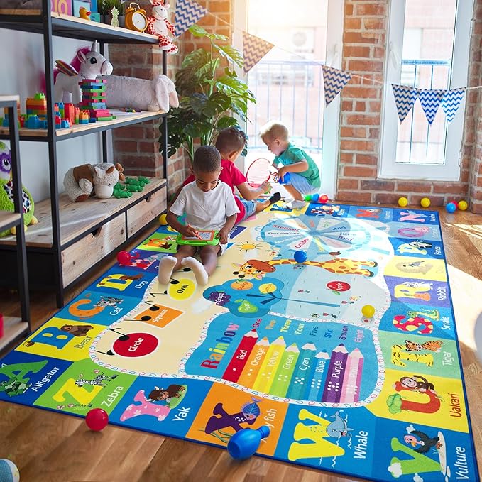 Kids Playroom Rug 4x6 Blue Rugs for Boys Girls Bedroom Child Play Mat Educational and Fun Baby Care Rugs,Learning Rug with ABC Alphabets Animals Shapes No-Slip Carpets for Children Toddler Washable