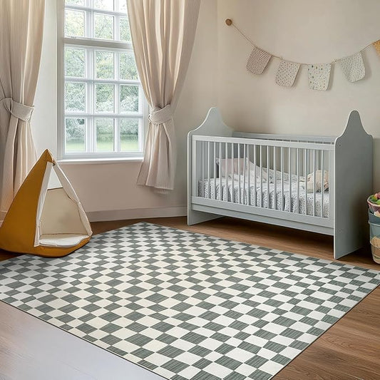 jinchan 5x7 Checkered Area Rugs for Kids Room - Machine Washable Soft Rug Modern Geometric Lattice Non-Slip Carpet for Nursery Playroom Living Room Bedroom Dining Room Home Office Grey