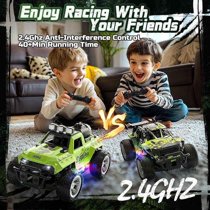 DEERC Remote Control Car with Fog Mist & LED Colorful Lights, 1:18 Scale RC Truck with 2 Batteries, 2.4Ghz Monster Truck for Boys, All Terrain Off-Road Race car, Educational Toy & Gift for Boys Girls