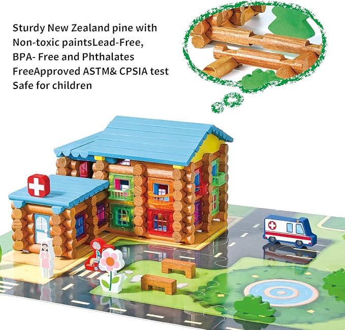 Wondertoys 239 Pieces Real Wood Logs Set Ages 3+, Classic Building Log Gift Set for Boys/Girls– Creative Construction Engineering - Top Blocks Game Kit - Preschool Education Toy