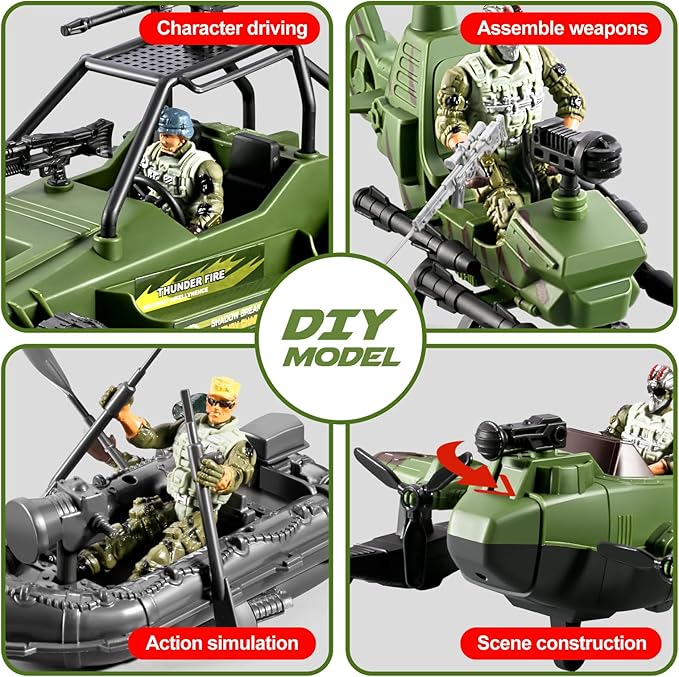 58-in-1 Army Men Toys for Boys 4-7 6-8 8-12, Military Truck/Helicopter/Kayak Boat/Motorcycle/ Army Men Action Figures/Weapon Gears, Army Toys for Boys Kids Birthday Gifts Party Favors