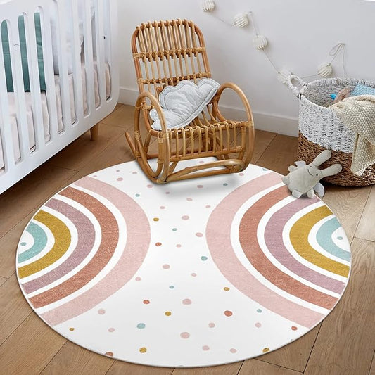 STARUIA Colorful Round Rug for Nursery, 4 Ft Rainbow Washable Rug for Playroom, Boho Kids Rug Non-Slip Soft Bedroom Carpet for Classroom Teepee Princess Castle