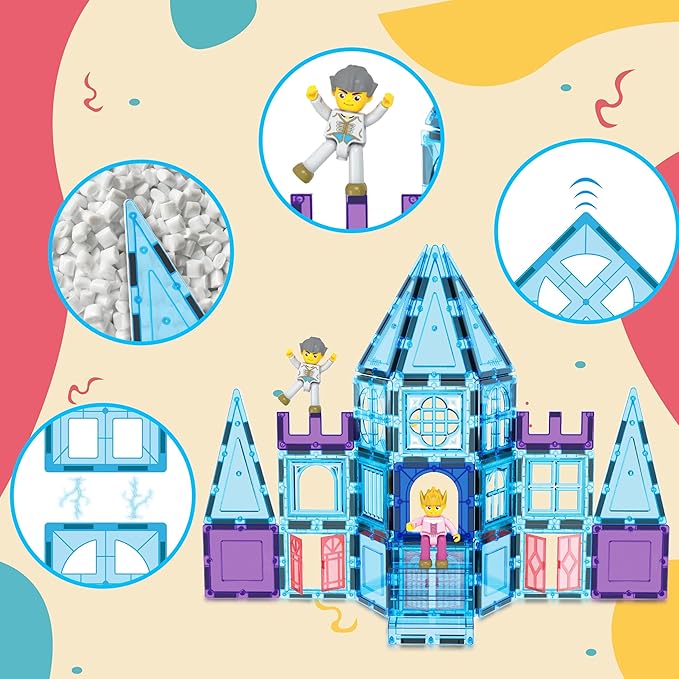 PicasssoTiles 72 Piece Magnetic Building Tiles Castle Winter Ice Theme Construction Magnet Block Set with Princess Prince Character Stairs Windows Doors STEM Learning Educational Toy Kids Ages 3+ PT72