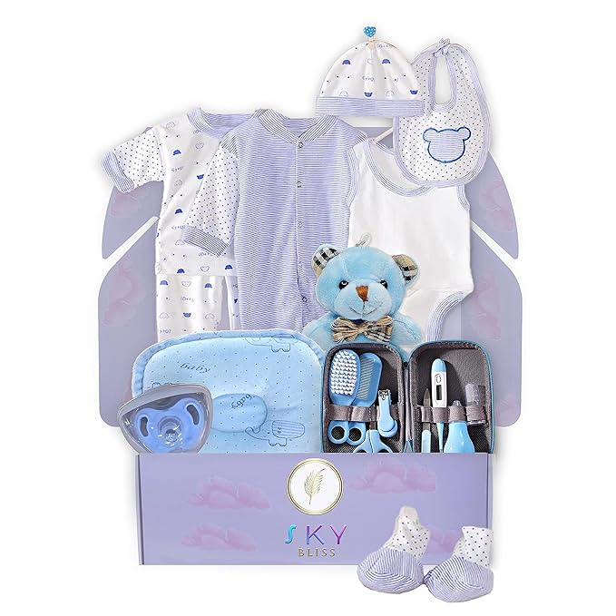 Sky Bliss 20 Piece Baby Gift Set (Blue), Newborn Baby Gift Set, Baby Clothes, Teddy Bear, Pacifier, Baby Grooming kit, Gifts for a New Baby Boy, Baby Boy Newborn Essentials