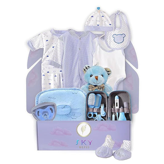 Sky Bliss 20 Piece Baby Gift Set (Blue), Newborn Baby Gift Set, Baby Clothes, Teddy Bear, Pacifier, Baby Grooming kit, Gifts for a New Baby Boy, Baby Boy Newborn Essentials