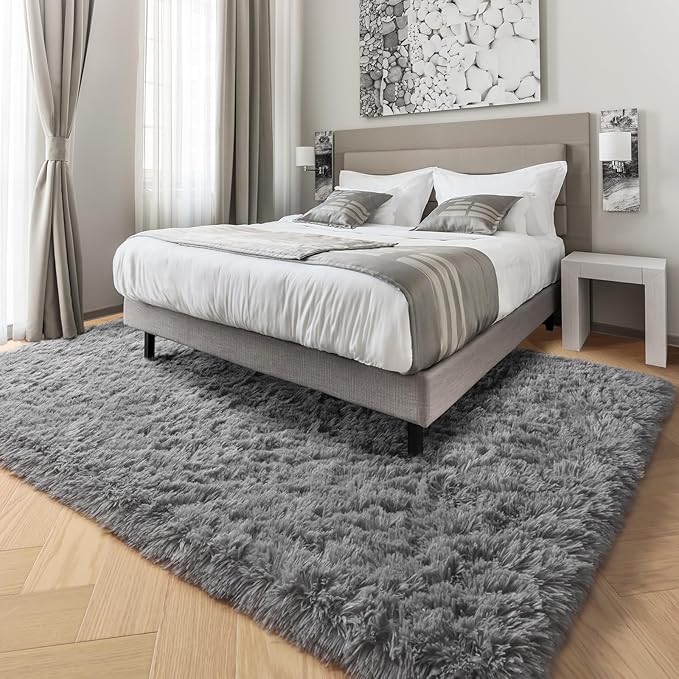 PAGISOFE Grey Fluffy Rugs for Bedroom 4x6 Area Rug Shag Rug for Kids Room Furry Carpet Modern Living Room Rug Soft Shaggy Boys Rug Fuzzy Throw Rugs for Home Decor Aesthetic, Dorm Nursery Gray