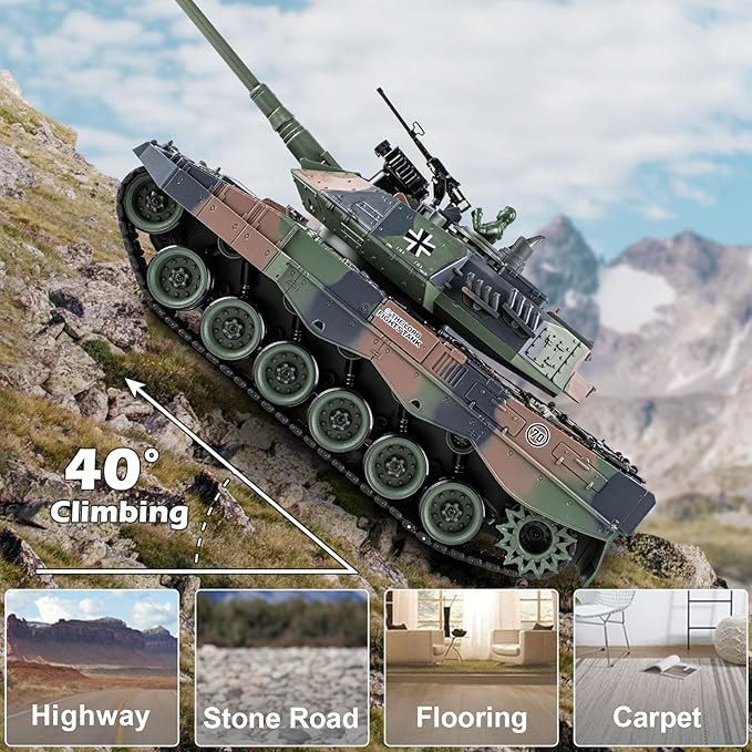 1:18 RC Tank, 2.4Ghz German Leopard II Remote Control Model Toys, Battle Army Tank 15 Channel with Smoke Light and Sound, Military Toy for Adults and Kids That Shoots BBS and Water Bombs