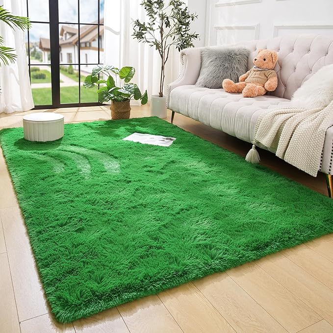 Amearea Premium Soft Area Rug 4x5.3 Feet, Green Rugs for Living Room, Fluffy Carpet for Bedroom Nursery Playroom Teen Home Decor, Comfortable Indoor Furry Dorm Carpets, Green