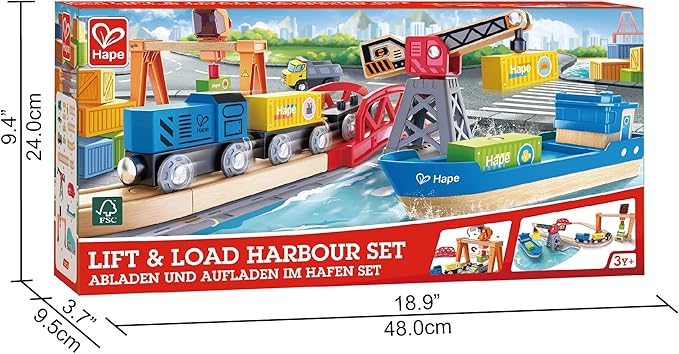Hape Lift & Load Harbor Set | Toy Train and Boat Set with Cranes, for Children Ages 3Y+