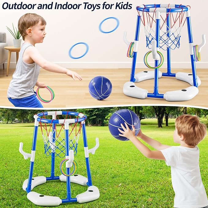 2 in 1 Pool Basketball Hoop Game for Kids Ages 3 4 5 6 7 Year Old, Floating Pool Toys with 4 Balls, Tossing Game, Summer Outdoor Swimming Water Play, Cool Party Gifts for Kids Adults Age 3-12