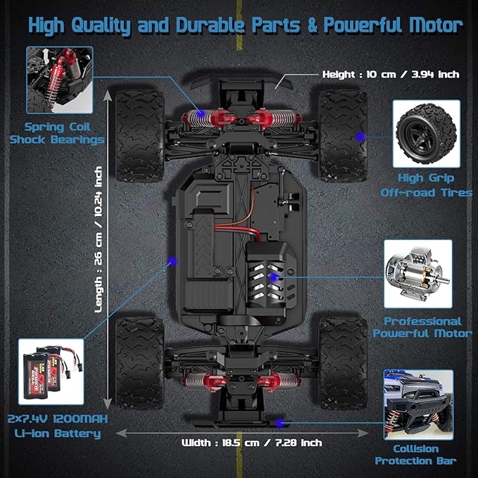 Remote Control Truck for Boys 45KM/H 1:18 Scale RC Truck 4WD All Terrain Off Road Fast RC Car with 2 Rechargeable1200mAh Batteries for 60 Min Run Time, 2.4Ghz Remote Control Car Gift for Adults Girls