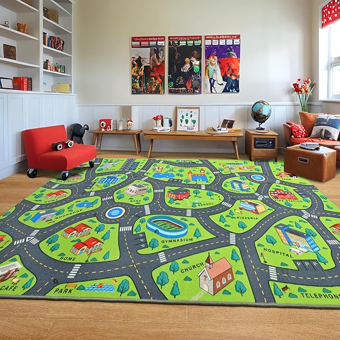 Merelax 4x6 Kids Car Rug Green Grey Area Rugs for Living Room Playroom Classroom Bedroom, Non Slip Kids Play mat Washable Rug, Educational City Traffic Road Map Fun Car Carpet for Ages 3-12