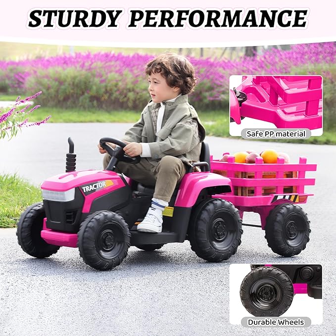 TOBBI Kids Electric Ride On Toy Tractor, 12v Battery-Powered 4 Wheels Ride On Car with Trailer, 35W Dual Motors/3-Gear-Shift/LED Lights/USB Audio Functions for Toddlers 3-6 Years-Rose Red