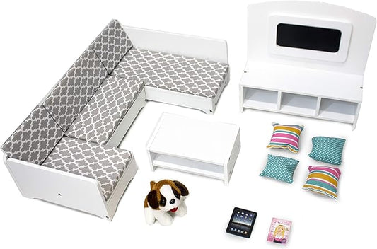 Playtime by Eimmie 18 Inch Doll Furniture Couch & Living Room Set – Wooden Playset with TV & Pet Accessories, Fits American, Generation, My Life & Similar 14”-18” Dolls