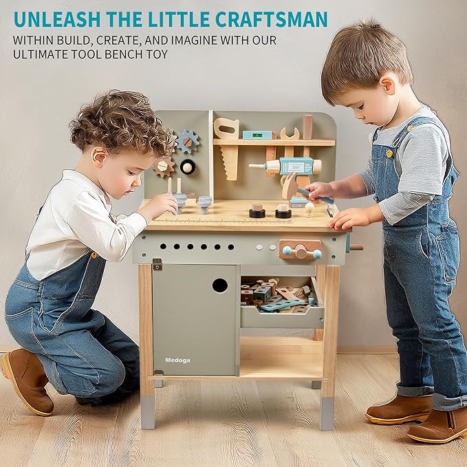 Kids Tool Bench,Wooden Play Tools Set with Kids Tool Belt Toddlers Workbench Pretend Construction Tools Set Wooden Toy Drill Gift for Boys & Girls Age 3-5