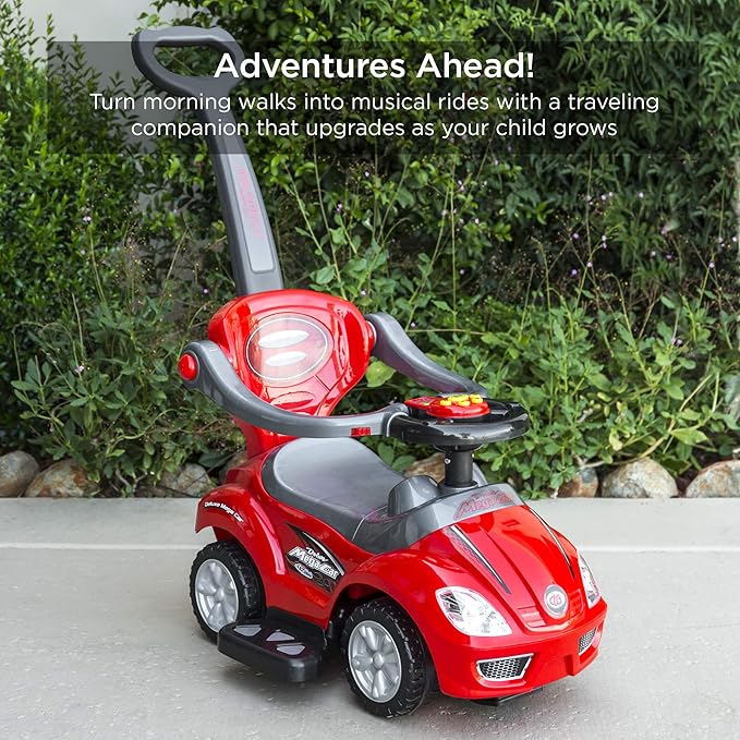 Best Choice Products Kids 3-in-1 Push and Pedal Car Toddler Ride On w/Handle, Horn, Music - Red