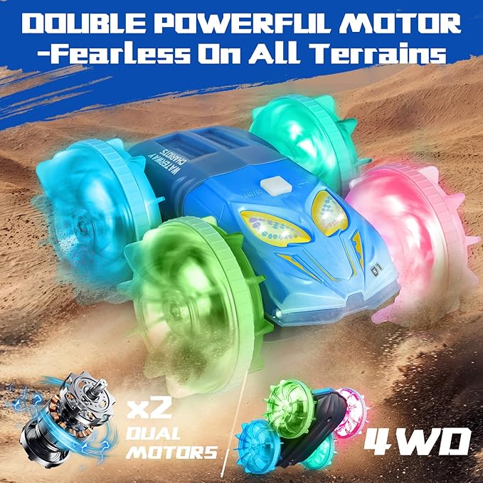 Amphibious Remote Control Car Boat - 4WD RC Stunt Car with Waterproof Gesture Sensing 2.4GHz RC Boat with Lights RC Monster Truck 360° Flips Rotation RC Vehicle Pool Toys Gifts for Boys Girls