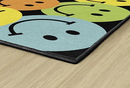 Flagship Carpets Schoolgirl Style Big Rainbow Smiley Faces Educational Area Rug for Kids Room Seating Décor, Children's Classroom, Play Carpet for Teaching and Playroom, 5' x 7'6", Black & Multi