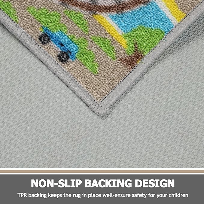 Capslpad Kids Rug for Playroom 3'3" x 5'2" Educational Learning Kid Play Area Rug Large Traffic Road Cars Play Mat for Kids Toy Nursery Rug Carpet for Living Room Home Decor, Tan