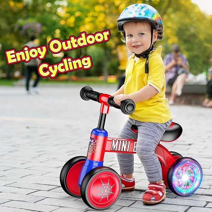 Baby Balance Bike 1-2 Year Old: Spider Toddler Bike Baby Bike for 10-24 Month with Colorful Lighting & 4 Wheels First Riding on Toys Spider Easter Birthday Gifts for One Year Old Boy Girl Gifts