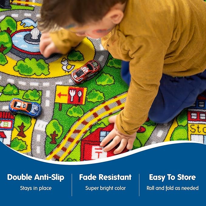 Booooom Jackson City Playmat Rug, Green, 60 x 32 inches, Non-Slip, Machine Washable, Compatible with Hot Wheels and Matchbox Cars, Ideal for Kids Room or Playroom