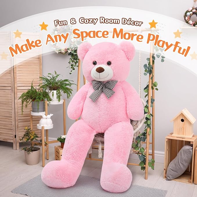 MorisMos Bow Tie Giant Teddy Bear, 55inch Large Big Teddy Bear Plush, Lifesize Stuffed Animals for Girlfriend, Pink