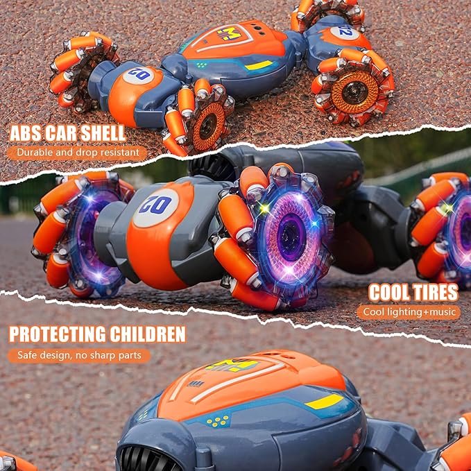 Rc Car Boys Toys 6-8 Years Old,Cool Birthday Gifts for Boys Ages 8-13 4WD Gesture Sensing Rc Stunt Car for Ages 5 7 9 10 Years Old Kids with Light and Music,Large-Orange