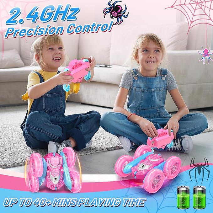 NQD Pink Remote Control Car for Girls, 360° Spin Flip RC Stunt Car with Flashing Wheel Lights 2 Batteries, Double Sided 4WD Off-Road RC Toy Gift for Girls Xmas Birthday