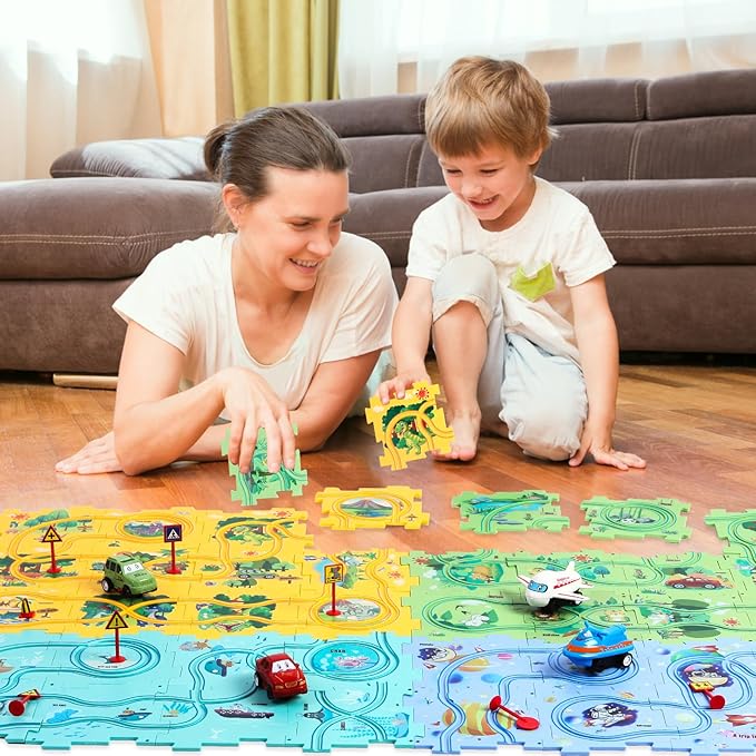 Puzzle Racer Kids Car Track Set Puzzle Racer Car Track Set with Roadmap Puzzle Track Car Play Set Toy for Kids 3-8 Years Old(100Pcs, 4 Stytle)