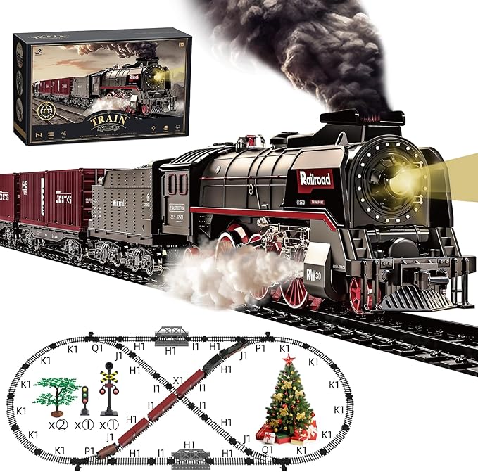 Train Set for Kids, Electric Train Toys with Realistic Light Sounds Smoke, Christmas Train Model Gifts for Toddlers Boys Girls, Steam Locomotive, Luxury Track & 3 Truck Carriages