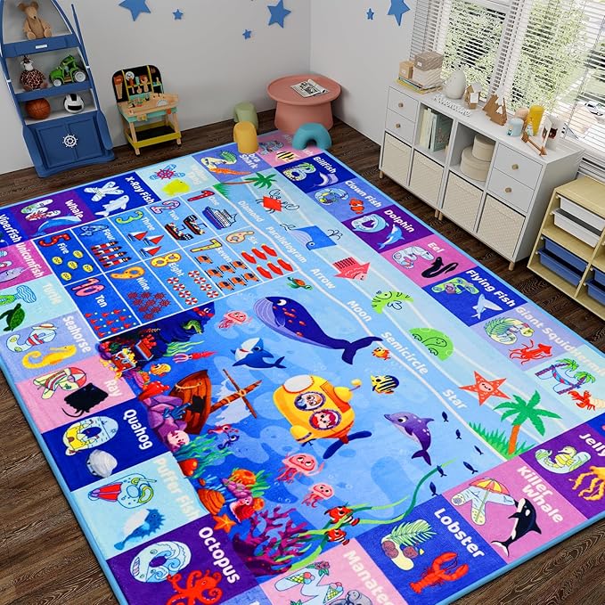 ABC Kids Rug for Playroom 78.7"118" Ocean Baby Play Mat Alphabet Sea Animal Number Shape Classroom Early Learning Carpet for Preschool Toddlers