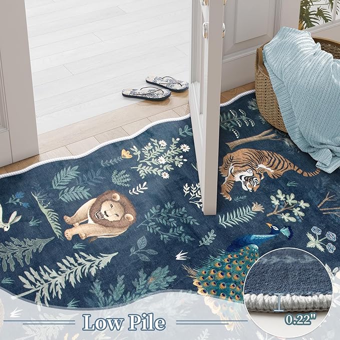 Lahome Jungle 5x7 Blue Area Rug, Soft Kids Rug for Bedroom Ultra-Thin Washable Playroom Rugs, Non Slip Animal Print Carpet Rug for Living Room Neutral Nursery Classroom (Blue, 5'x7')