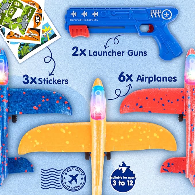 Bigdream 6 Pack LED Airplane Launcher Toys with 2 Launchers, 2 Flight Mode Glider Catapult Plane with Stickers, Flying Outdoor Toys for 3 4 5 6 7 8 9 10 11 12 Year Old Kids Boys Girls Birthday Gifts