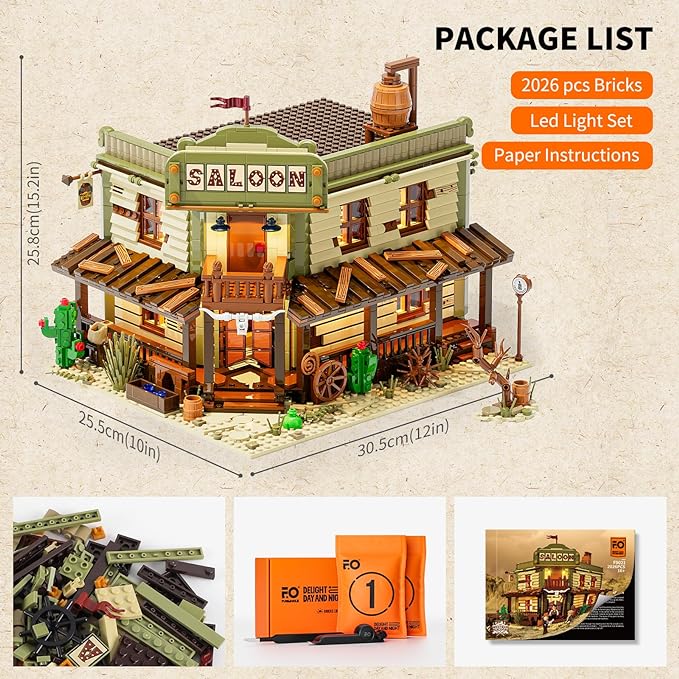 FUNWHOLE Western-Saloon Lighting Building-Bricks Set - The Old West Saloon LED Light Construction Building Model Set 2026 Pcs for Adults and Teen