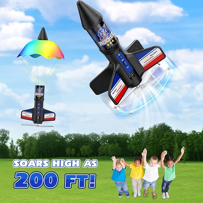 Rocket Launcher for Kids Automatic Launch 200 Feet Air Rocket Toy for Boy 10 Years Old Motorized Air Rocket with Safety Parachute and LED Outdoor Rocket Kits Toys Gifts for Kids Age 5-12